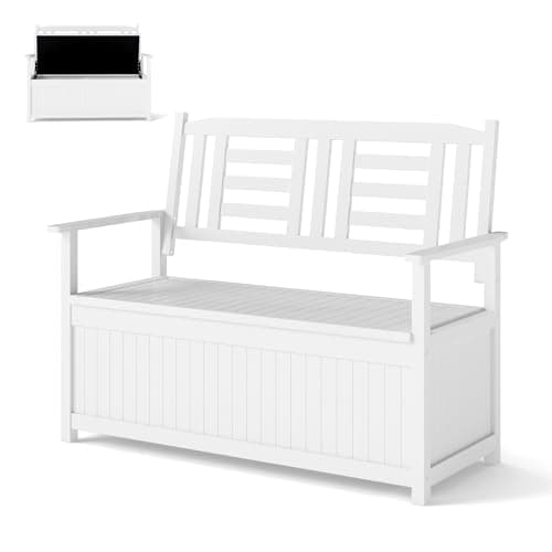 Image of COSTWAY 107cm/120cm/123cm Garden Storage Bench, 2-Seater Patio Loveseat Park Bench Chair with 125L/155L/185L Box, Outdoor Furniture Leisure Porch Seating (White, 123 x 69 x 96 cm)