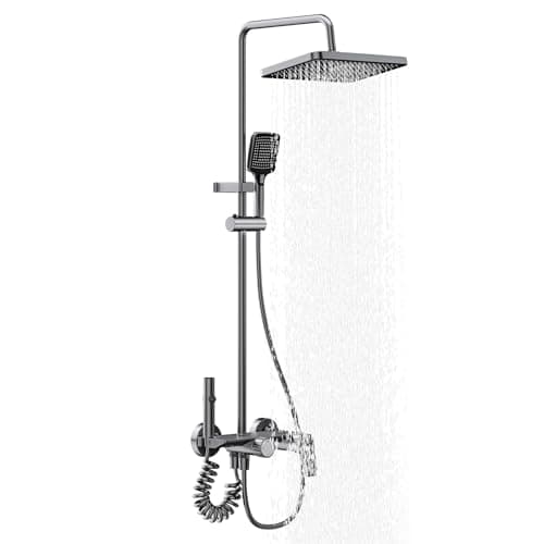 Image of 4-Function Shower Mixer Set with Rainfall Overhead, 3-Spray Handheld, Pull-Out Spray Gun & Tap, Height Adjustable Riser Bar, Grey Titanium Colour