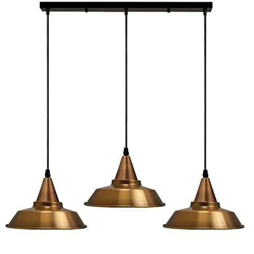 Image of LEDSone Vintage Metal 3 Head Light Industrial Pendant Metal Shade, Hanging Ceiling Light E27 Holder Fitting with 50cm Ceiling Plate, Yellow Brass