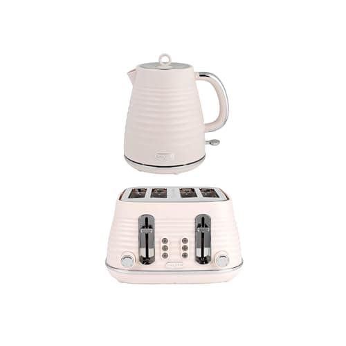 Image of Salter Ripple Pink Toaster & Kettle Set – 4-Slice 1630W Toaster, 6 Browning Levels, Defrost/Reheat/Cancel, 1.7L Rapid Boil Kettle with Removable Limescale Filter, Auto Shut-Off, Textured Design