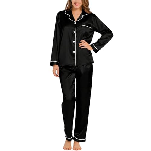 Image of LXEASYGO Womens Pyjama Set Imitation Silk Satin Long Sleeve Long Pant Two Piece Pjs Set Comfy Button Down Sleepwear Loungewear (UK, Alpha, XL, Regular, Regular, Black)
