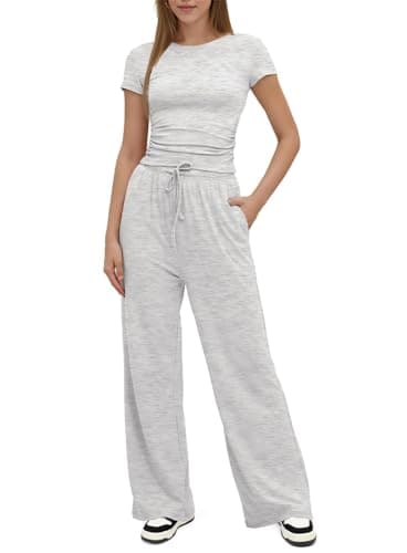 Image of SotRong Ladies Summer Tracksuit Set 2 Piece Lounge Suits for Women Uk Short Sleeve Ruched Crop Tops and High Elastic Waisted Wide Straight Leg Pants Matching Outfit Gym Activewear Set Light Grey XL