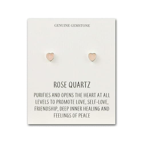 Image of Philip Jones Rose Quartz Heart Stud Earrings with Quote Card