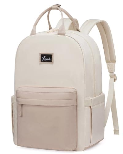Image of LOVEVOOK School Backpack for Girls, 15.6 inch Laptop Rucksack Bag for Womens, Waterproof Hand Luggage Travel Backpack for Ladies, Fashion Casual Daypacks for Work Business College Uni, Beige Pink