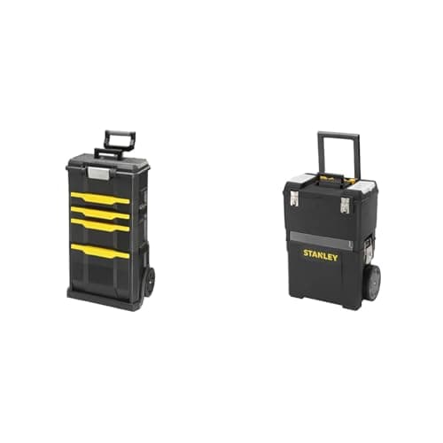 Image of STANLEY Rolling Workshop With Detachable Toolbox, Drawers, Flip Bin, Back Pocket, 7" Heavy Duty Wheels & Mobile Work Centre, 2 Tier Stackable Units