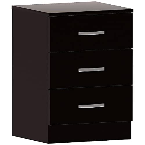 Image of Vida Designs Large Black Bedside Cabinet Chest of Drawers, 3 Drawer With Metal Handles and Runners, Unique Anti-Bowing Drawer Support, Riano Bedroom Furniture