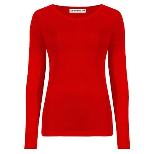 Image of janisramone Womens Ladies Round Neck Long Sleeve T-Shirt Stretchy Plain Fitted Basic Jersey Casual Tee Top Red