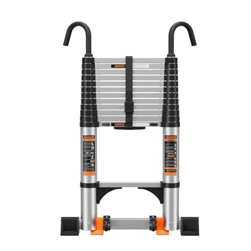 Image of Telescopic Ladder with Non-Slip Feet,3.8M/12.5FT Aluminium Extension Loft Ladder with Stabilizer Bar and Detachable Hooks, Multi Purpose Extendable Portable Folding Ladders, step ladder (3.8M/12.5FT)