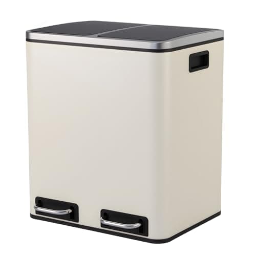 Image of Panana Stainless SteelKitchen Waste System,Recycling Pedal Bin with Double Compartments,2x15L Double Bin for Recycling and Waste with 2Pedal (Beige, 30L)