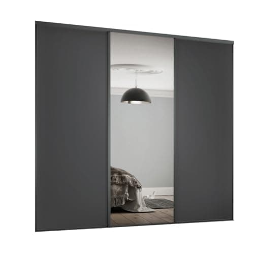 Image of SPACEPRO Heritage Sliding Door Wardrobe with Mirror, 3 Door Sliding Wardrobe Kit with Modern Graphite Panel & Mirror (BSEN12600) Wardrobe for Bedroom Storage - Ideal for 2260mm x 2672mm opening