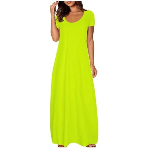 Image of Sun Dresses for Women UK Casual Short Sleeve Cotton Swing Long Maxi Dress Scoop Neck Flowy Sundress with Pockets for Beach Holidays Mint Green