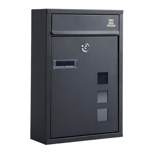 Image of RYZAN Modern Delivery Steel Post Box Wall Mounted Mailbox Letterbox with Nameplate for External Use Lockable Weatherproof Easy to Install 8.5 x 21.5 x 32 cm Outdoor Post Mail Holder with Keys