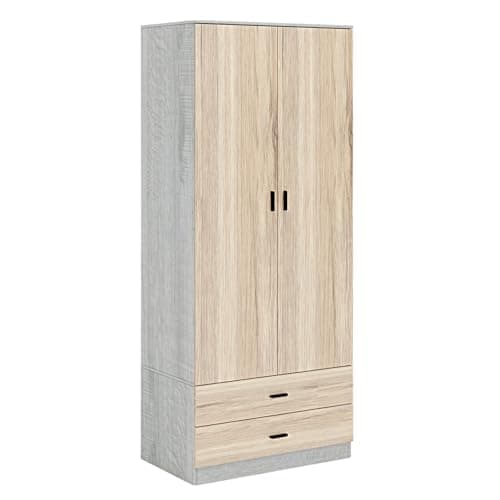 Image of URBNLIVING Tall 2 Door Bedroom Wardrobe With 2 Drawers (Ash Grey Carcass + Oak Drawers)