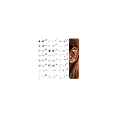 Image of LOLIAS 24 Pairs Silver Flat Back Earrings For Women Girls Hypoallergenic Surgical Steel Titanium Screw Back Stud Earrings Cz Opal Star Heart Pearl Flower Small Earring Helix Tragus Piercing Jewellery