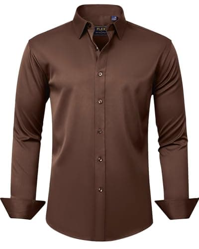 Image of J.VER Men's Dress Shirts Solid Long Sleeve Stretch Wrinkle-Free Formal Shirt Business Casual Button Down Shirts, Chocolate Brown, Large