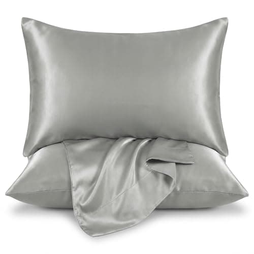 Image of Moonlight Bedding Satin Grey Cooling Pillow Cases 2 Pack -Soft as Silk Pillowcases for Hair and Skin with Envelope Closure Standard Size Silky Pillow Covers (50x75cm)