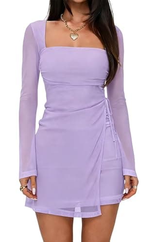 Image of Remxi Women Mesh Long Sleeve Short Dresses Y2K Square Neck Wrap Bodycon Dress Cocktail Party Mini Dress Purple L