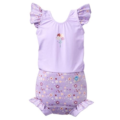 Image of Splash About Baby Girls' Happy Nappy Costume One Piece Swimsuit, Lilac Spring Frills, 3-6 Months