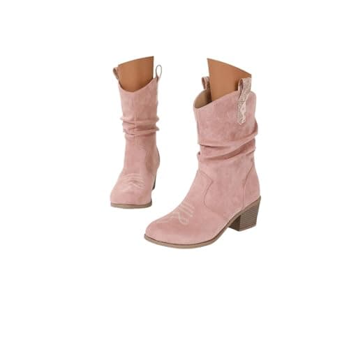Image of Pink Cowgirl Boots for Women Knee High Cowboy Boots Wide Calf Cowboy Boot Mid Calf Wide Fit Suede Ankle Boot Women Pull on Slouch Chunky Heel Pointed Toe Western Booties Slip on Western Low Heel Shoes