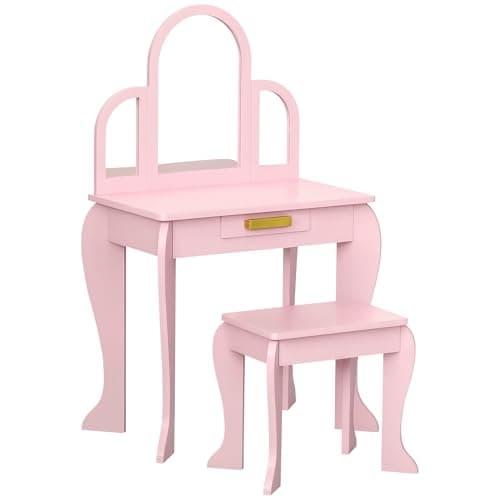 Image of HOMCOM Kids Dressing Table and Stool Kids Vanity Set Makeup Desk w/Mirror, Drawer, for Ages 3-6 Years, Pink