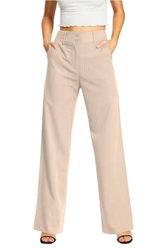 Image of femiss Womens Wide Leg Trousers | High Waisted Tailored Smart Office Workwear | Relaxed Fit Flared Formal Business Casual Pants with Pockets | Sizes 6-20 | (Stone-12)