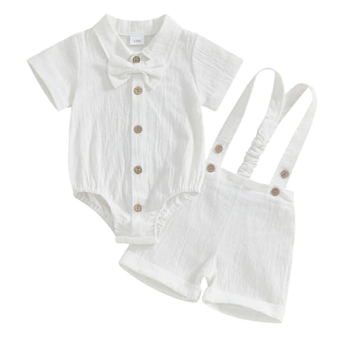 Image of Toddler Baby Boy Gentleman Summer Outfit Short Sleeve Solid Color Romper Bodysuit with Bow Tie T-shirt Top and Suspender Shorts 3Pcs Tracksuit Set Clothes for Little Boy (White, 9-12 Months)