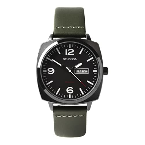 Image of Sekonda Airborne Mens 40mm Quartz Watch in Black with Analogue Day/Date Display, and Green Suede Leather Strap 1990
