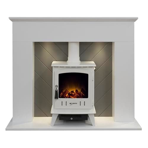 Image of Adam Corinth Stove Fireplace in Pure White & Grey with Downlights& Aviemore Electric Stove in White, 48 Inch