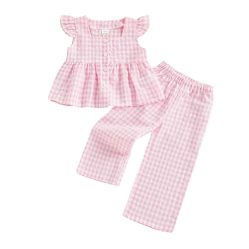 Image of Geagodelia Kids Toddler Baby Girls Summer Clothes Set Gingham Print Button Up Sleeveless Peplum Tops and Trousers Cute 2 Piece Outfit (Pink, 4-5 Years)