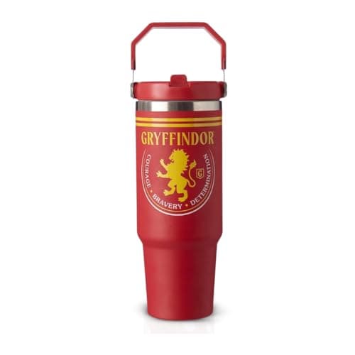 Image of Harry Potter Gryffindor Insulated Tumbler 850ml – Double Wall Stainless Steel Travel Cup with Handle & Straw Lid, Hogwarts Gryffindor Lion Crest Hot & Cold Drinks Mug