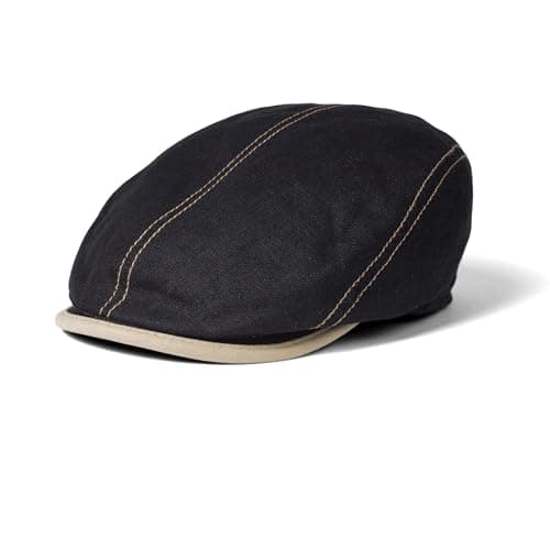 Image of fiebig Brighton Linen Flat Cap | Peaked Cap with Cotton Lining | Flat Cap with Contrast Stitching | Made in Italy, black, 7