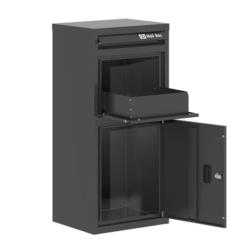 Image of BIRCHTREE Large Parcel Drop Box with Lock & 2 Keys, 101cm Height, Secure Parcel Delivery Box, Weatherproof Outdoor Metal Parcel Box with Anti-Theft Design, Wall or Floor Mounted, Grey