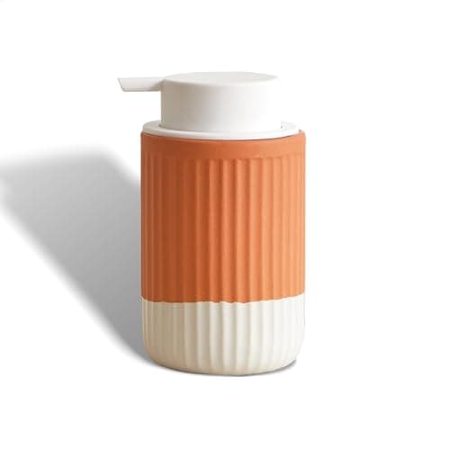 Image of ABBI NIMO Hand Dipped Terracotta Ceramic Foam Soap Dispenser, 12 oz Rippled Bubble-Up Bottle with White Silicone Pump, Refillable Orange Hand Soap Dispenser for Bathroom