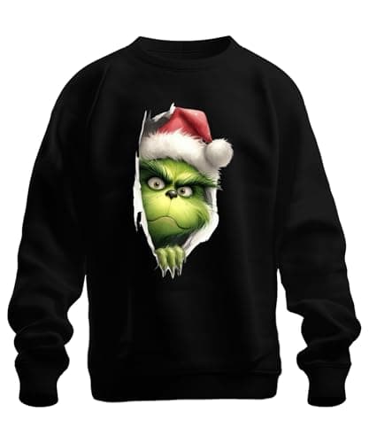 Image of Printera Grinch Christmas Face Xmas Gift Santa Hat Cheeky Funny Unisex Sweatshirt Pullover, black, XL