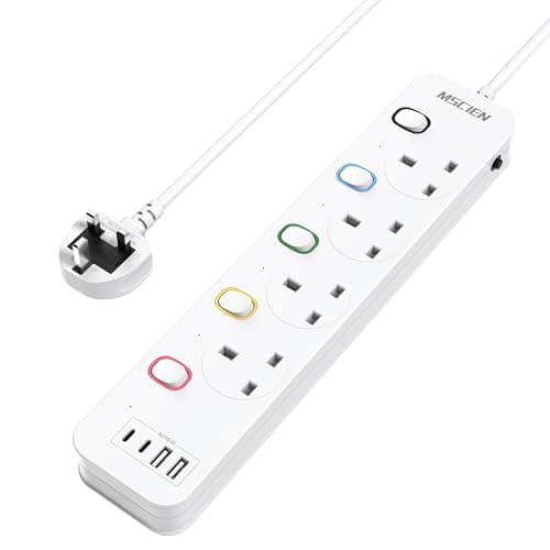 Image of Mscien Extension Lead with USB Slots 1M, 4 Way Switched Extension Lead with Wall Mount, Overload Protection Power Strip, USB-C Slots, for Home, Office, 13A/3250W