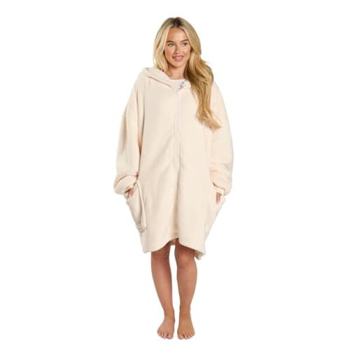Image of OHS Zip Up Oversized Hoodie Women Wearable Blanket Ultra Soft Warm Sherpa Fleece Jacket Women Hooded Blankets Sweatshirt Zipper Hoodie Blanket Cardigan, One Size - Cream