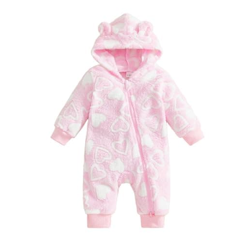Image of Lshyuehao Newborn Baby Girl Romper Long Sleeve Button Zipper Hooded Jumpsuit Cute Bunny Love Heart Snowsuit Fluffy Flannel Girls Winter Clothes (B-Pink, 6-9 Months)