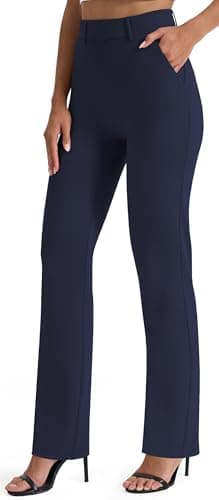 Image of AFITNE Straight Leg Work Trousers for Women UK - Ladies Business Office Casual Bootcut Flared Yoga Pants Pull On Womens Smart Trousers with Pockets - 31 Inches Navy Blue XL