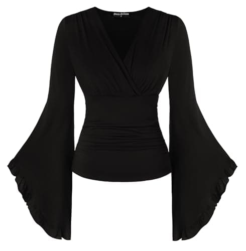 Image of SCARLET DARKNESS Laides Ren Faire Cottagecore Blouse Rockabilly Cosplay Strech Ruffle Blouse Black XL