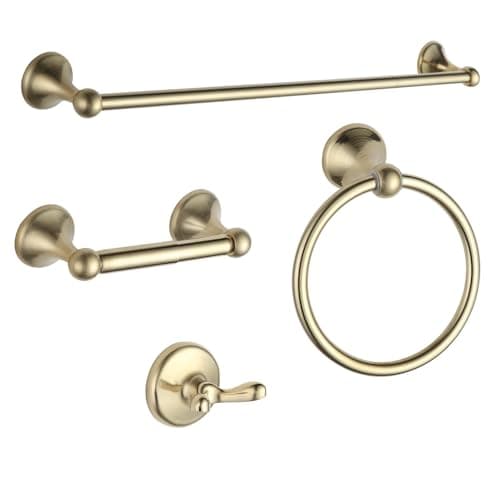 Image of BGL Bathroom Accessories Set, Brushed Brass Towel Holder for Bathroom, 4-Piece Towel Ring, Robe Hook, Toilet Paper Holder Wall Mounted