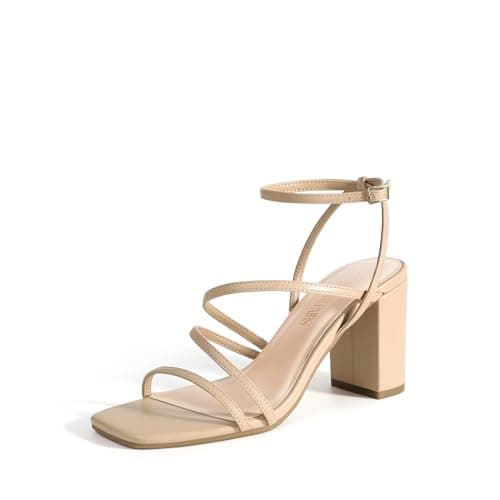 Image of DREAM PAIRS Women's Heels Chunky Block Strappy Square Open Toe Ankle Buckle Heeled Sandals Wedding Party Dress Shoes SDHS2428W,Size 7,Nude,SDHS2428W