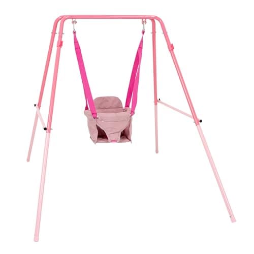 Image of TP Toys Foldaway Pink Baby Swing For Babies Ages 6+ Months, Compact, Metal Swing for Indoor/Outdoor Use with Non-Slip Feet and Easy Storage, Outdoor Baby Swingset