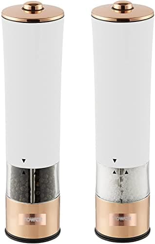 Image of Tower T847003RW Electric Salt and Pepper Mills, Stainless Steel, White, 5.6 x 5.6 x 22.5 cm