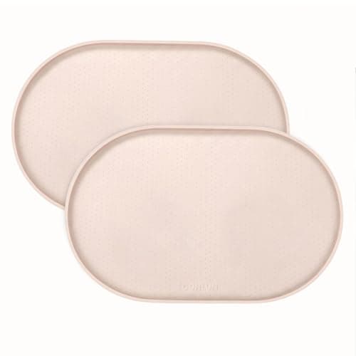 Image of Conlun Pet Food Mat, BPA-Free Silicone Rubber Bowl Mat with Raised Edges, 48x30cm Waterproof Spill Containment, Natural Tan, 2 Pack