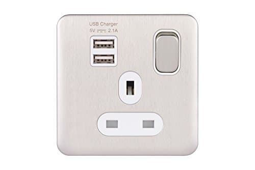 Image of Schneider Electric GGBL30102USBAWSSS Schneider Electric Lisse Screwless Deco 1G 13A Sw SO SP w/ 2USB WSS, 240 V, Stainless Steel