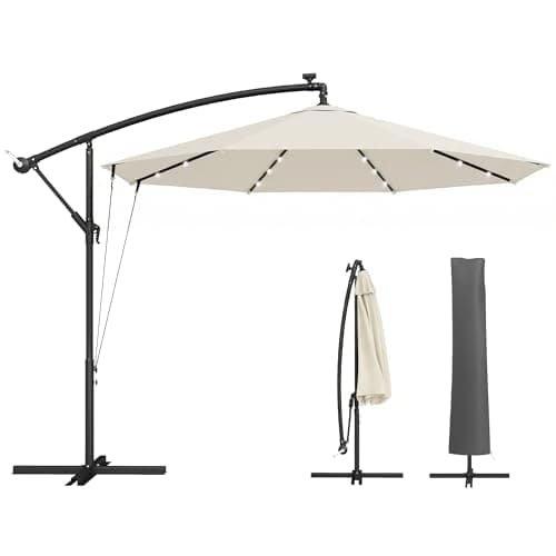 Image of Outsunny 3 m Cantilever Parasol with Solar LED Lights, Garden Umbrella with Protective Cover and Wind Ropes, Hanging Offset Banana Parasol with Cross Base and Crank Handle, Cream White