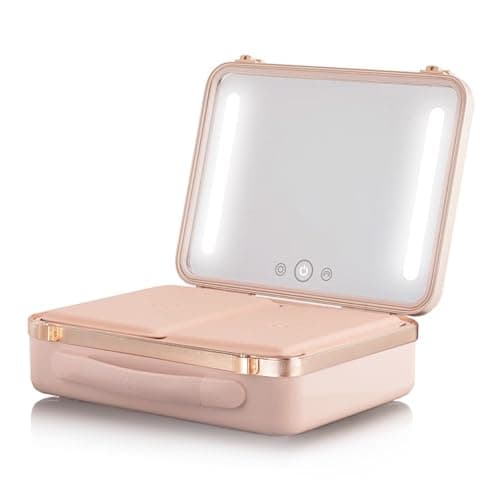 Image of Beautifect Box Nude - Large Makeup Bag with LED Light Up Mirror - Quilted Metallic Vanity Case Travel Cosmetics Bag for Women - Toiletry & Make Up Organiser with Compartments & Brush Holders