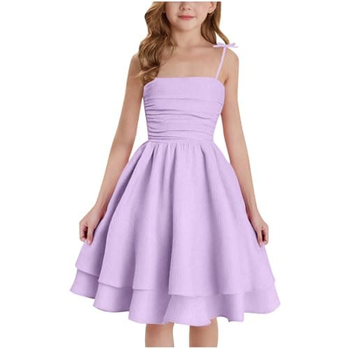 Image of duxyoz Smocked Mini Dresses for Girls Fancy Dress for Kids Summer Solid Color Casual Sleeveles Sundress Party Birthday Occasion Dresses Beach Midi Dress 10-11 Years Purple