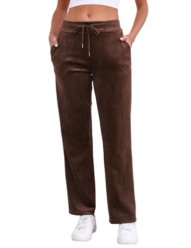 Image of Pescool Velour Pants for Women, Straight Leg Womens Velour Sweatpants, Velvet Wide Leg Lounge Pants for Women with Pockets, Brown, M