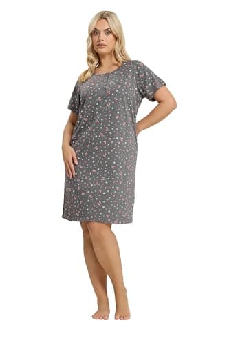 Image of Yours Curve Grey Ditsy Floral Placket Nightdress - Women's - Plus Size Curve